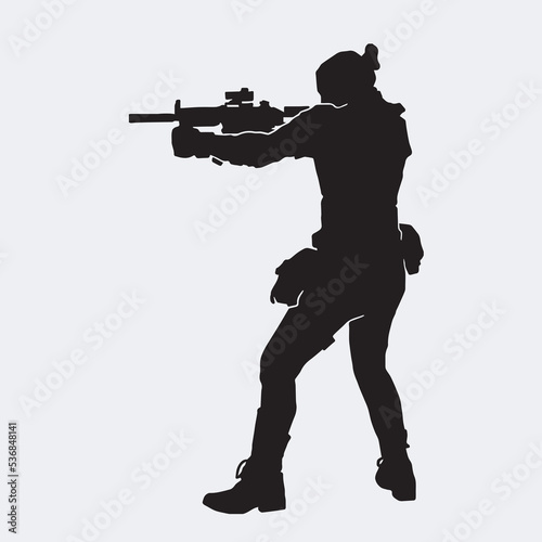 Vector silhouette of a female police agent wearing a uniform on a white background