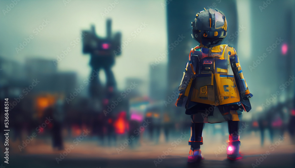 kid walking on the street fighting with giant robots