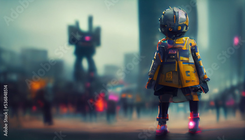 kid walking on the street fighting with giant robots