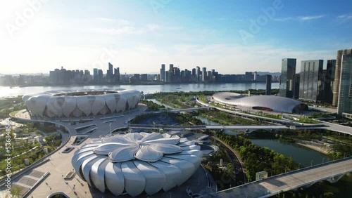 modern buildings near qiantang river in hangzhou binjiang in blue sky photo