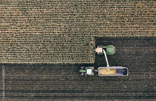 Obraz na płótnie Agriculture: Harvesting corn silage. Aerial view directly above w salonie