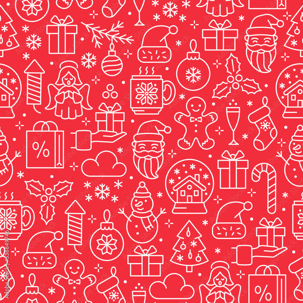 Christmas seamless background. Line icon pattern with angel, Santa, gingerbread man, snowball, snowman, christmas tree and gift box. Winter vector background. Christmas seamless background. Line icon pattern with angel, Santa, gingerbread man, snowball, snowman, christmas tree and gift box. Winter vector background.