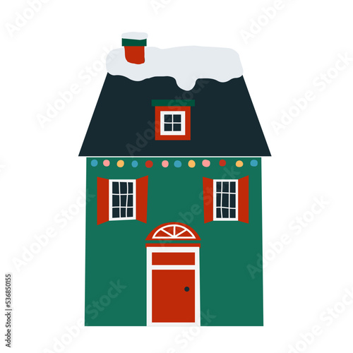 Cute winter green house with snow in geometric flat style. Vector Christmas cozy cottage illustration in retro color isolated on white.