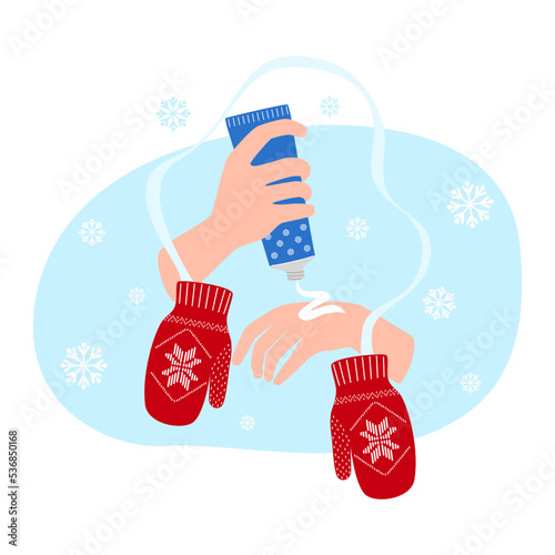 Woman hands apply cream from tube.Using moisturizing cream on winter season concept. Hand cream for cold weather. Warm winter mittens. Vector illustration.