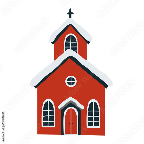 Red Church with snow isolated on a white background. Vector flat illustration.