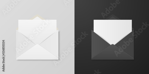 Vector 3d Realistic Opened White and Black Envelope Set. Isolated Envelopes. Blank, Empty Paper Sheet, Invitation, Message, Letter, Document. Design Template for Mockup. Envelope Closeup, Top View