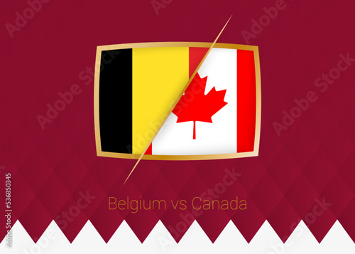 Belgium vs Canada, group stage icon of football competition on burgundy background.