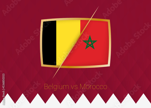 Belgium vs Morocco, group stage icon of football competition on burgundy background.