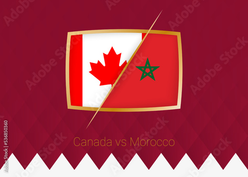 Canada vs Morocco, group stage icon of football competition on burgundy background.