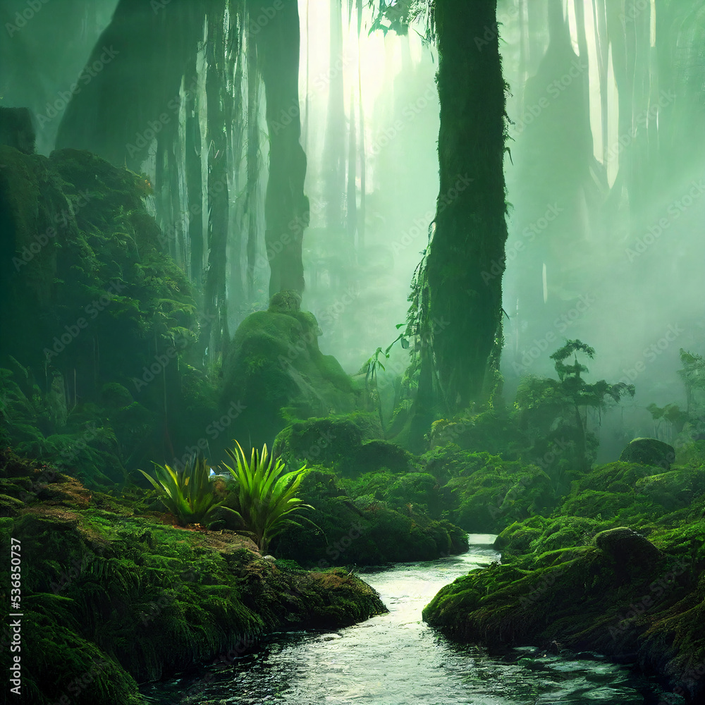 amazon rainforest, tropical vegetation with old trees, jungle landscape  with creek, rocks overgrown with moss, riverbank plants and lianas,  generative ai Stock Illustration | Adobe Stock