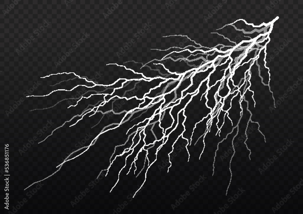 Thunder storm realistic lightning. Sparks electrical and stars. Symbol of natural strength or magic, abstract, electricity and explosion. Light effect and lighting. Glow and sparkle explosion. Vector