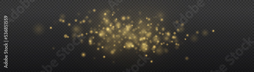 Blur yellow sparks and glitter special light effect. Fine, shiny bokeh dust particles fall off slightly. Defocused golden sparkle, stars and blurry spots. Magical gold flickering lights. Vector.