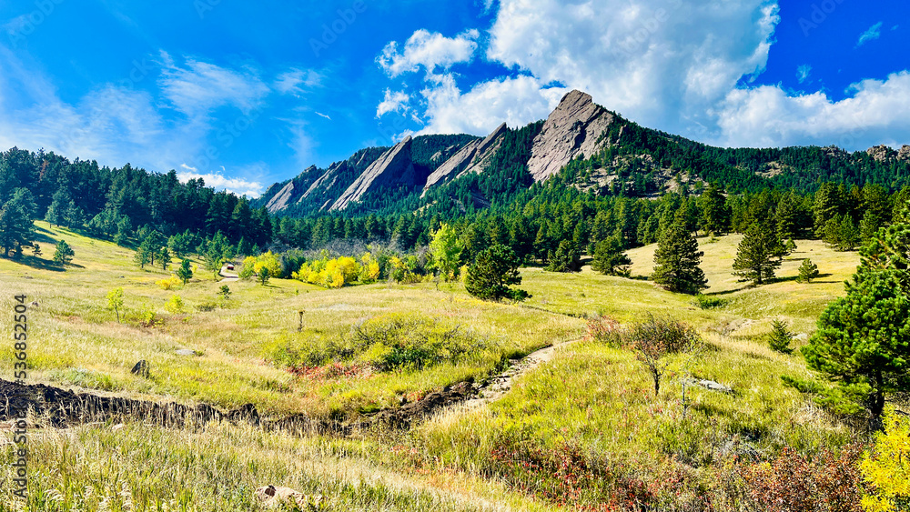 FlatIron mountain, Boulder, Colorado landscape with sky in the fall horizontal