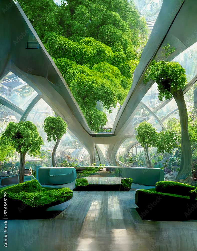 Futuristic design interior with lush green plants. Fresh air and live ...