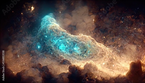 Concept art of orange, blue and black gradients, nebulae, galaxies and milky way with flowing stars shining brightly and overall orange and shining stars spread out like a cloud.