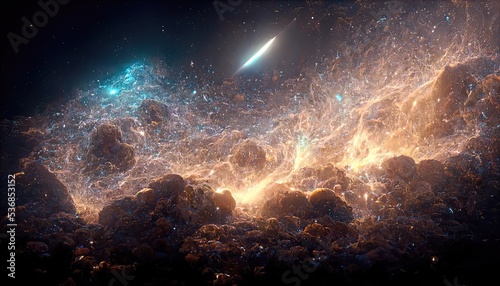 Concept art of a nebula  galaxy  and milky way  with flowing stars shining brightly  emerald green areas  and overall orange  blue  and black gradients with orange glowing stars spread out.
