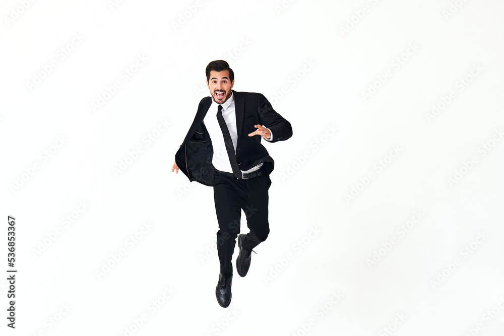 Man business smile with teeth in costume running and jumping up open mouth happiness and surprise full-length on white isolated background copy place 