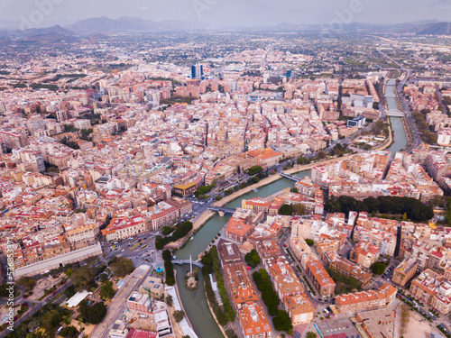 Aerial view of Murcia cityscape with a segura river and apartment buildings, Spain