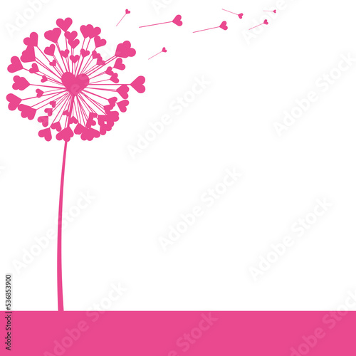 Pink dandelion flower with heart shape flying seeds, vector illustration.