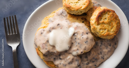 biscuits and gravy, breakfast food item, a yummy and savory meal