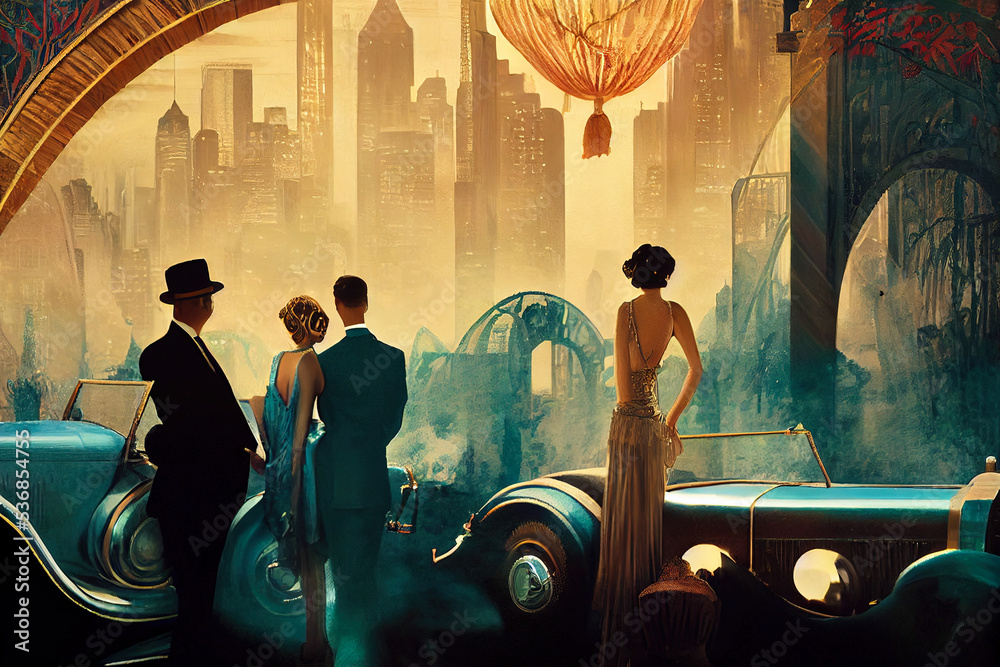 Cyfrowa retro ilustracja bogatych ludzi stojących na zewnątrz obok zabytkowych luksusowych aut - obrazy, fototapety, plakaty 