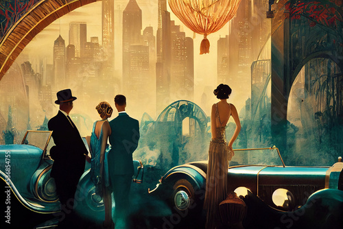 Digital retro illustration of lavish people standing outside next to vintage luxury cars before entering a glamour ball. Night time retro cinematic scene. 1920s art deco aesthetics outside a palace.