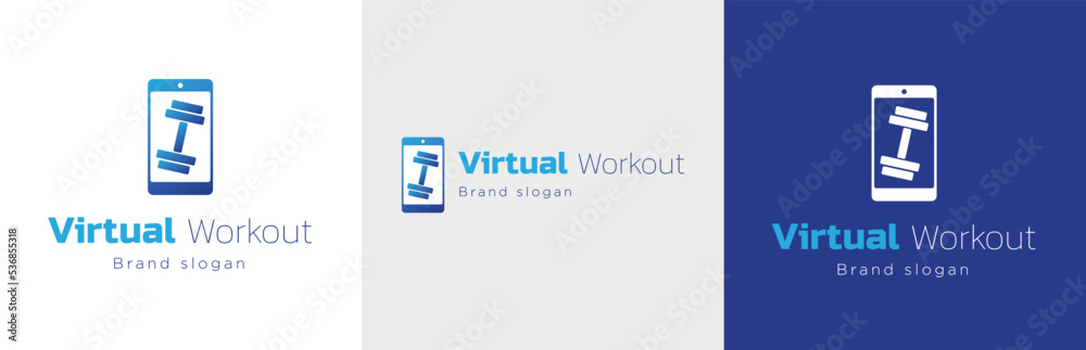 Virtual fitness logo design set, online exercise lesson business symbol, aerobics video instructor emblem concept, web activity editable commercial logotype, sports class, dumbbell branding, isolated