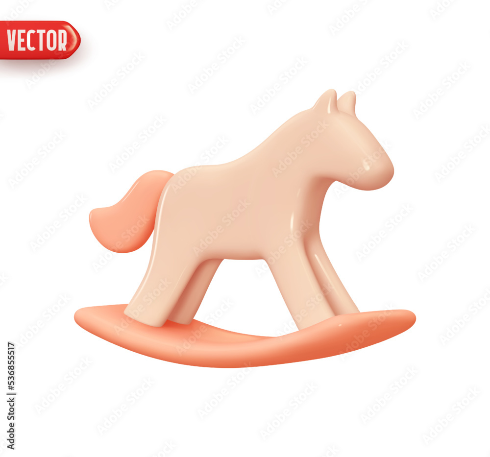 Christmas decorative toy wooden horse. Xmas decor pink wood rocking horse. Realistic 3d design element in cartoon style. Vector illustration Christmas decorative toy wooden horse. Xmas decor pink wood rocking horse. Realistic 3d design element in cartoon style. Vector illustration