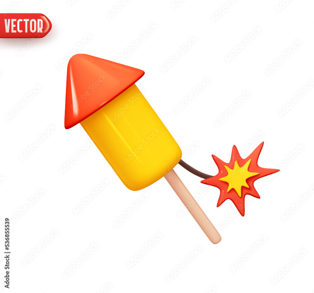 Fireworks on stick with spark of decor for holiday. Firecracker rocket launcher. Realistic 3d design element In plastic cartoon style. Icon isolated on white background. vector illustration