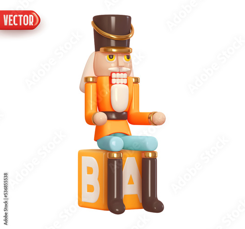 Christmas Soldier Nutcrackers. Xmas toy is soldier sits on cube of letters. Isolated on white background. Realistic 3d character in cartoon style. vector illustration