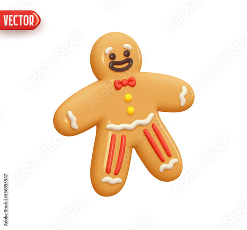 Gingerbread man. Christmas Ginger cookie. Realistic 3d design in cartoon style. Vector illustratio