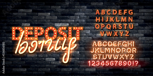 Vector realistic isolated neon marquee text of Deposit Bonus logo with easy to change color alphabet font on the wall background.