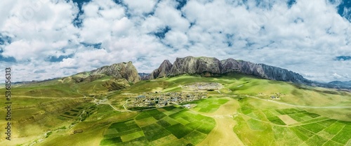 Aerial panorama of Gannan Tibetan Autonomous Prefecture in Gansu Province,China with a cloudy sky photo