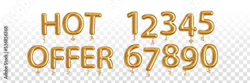 Vector realistic isolated golden balloon text of Hot Offer and sale numbers on the transparent background.