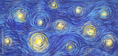 Glowing stars on a blue sky abstract background in the style of impressionist paintings