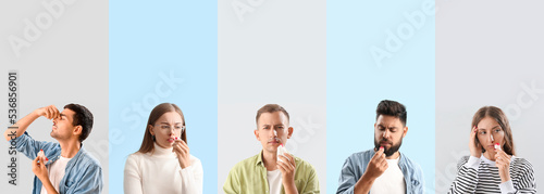 Different people having nosebleed on color background photo