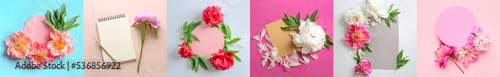Collage of beautiful peony flowers with empty paper sheets and notebook on color background