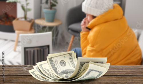 Wooden table with dollar ba...