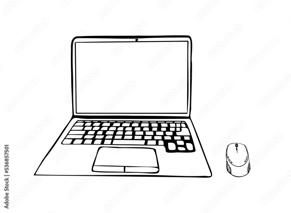 Black doodle illustration of laptop and mouse. Line art computer. Black doodle illustration of laptop and mouse. Line art computer.