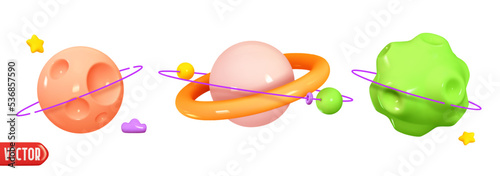Abstract set 3d planets. fantastic collection of planets Venus, Mars, Jupiter, Saturn. Realistic design in cartoon plastic style. Space fantasy round planets with rings. vector illustration.