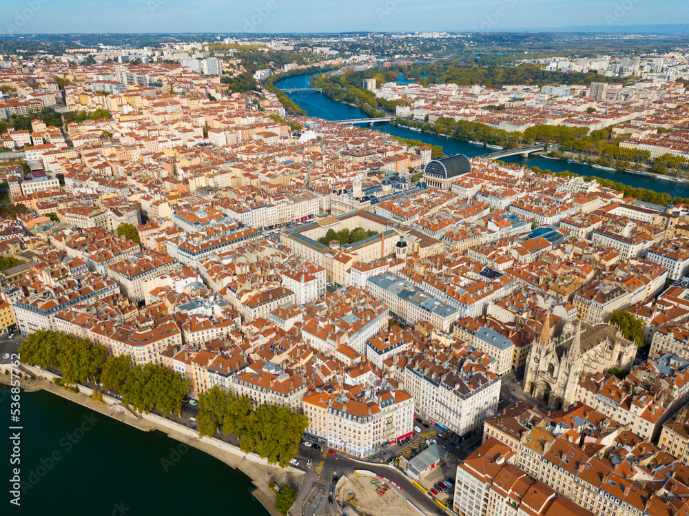 Fototapeta premium Panoramic view from drone of cityscape of Lyon in autumn day, France..