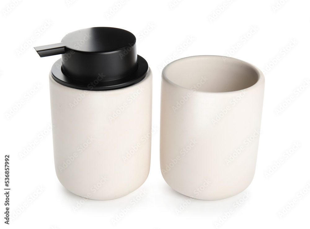 Toothbrush holder and container for liquid soap on white background Toothbrush holder and container for liquid soap on white background