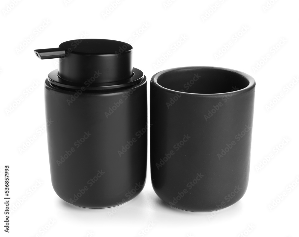 Toothbrush holder and container for liquid soap on white background Toothbrush holder and container for liquid soap on white background