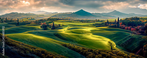 Fotografie, Obraz Beautiful and miraculous colors of green spring panorama landscape of Tuscany, Italy