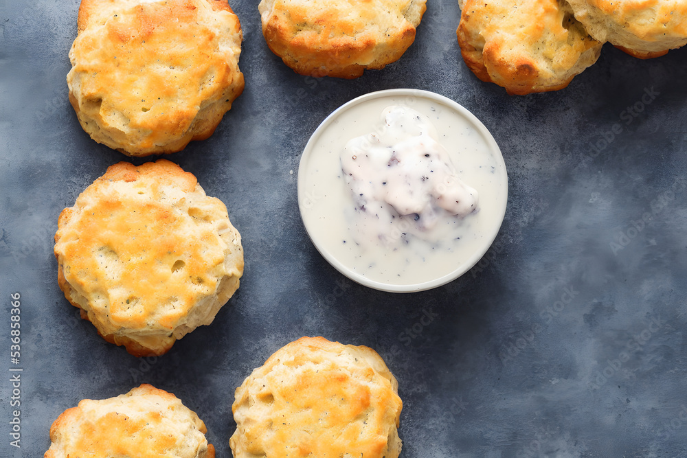 biscuits and gravy, breakfast food item, a yummy and savory meal biscuits and gravy, breakfast food item, a yummy and savory meal