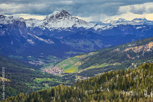 Dolomites snowcapped mountains view from Falzarego mountain pass  Italy