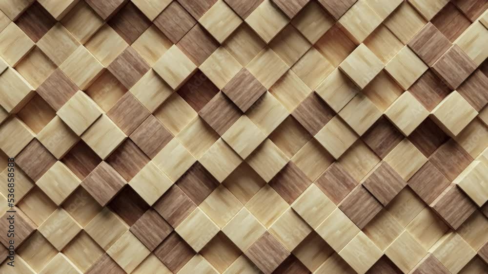 Abstract motion background from random moving wooden cubes, seamless loop animation