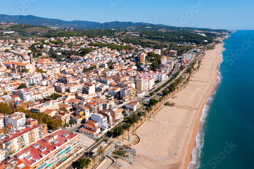 Drone picture over Costa Brava coastal and Mediterranean sea, village Canet de Mar, Spain photo