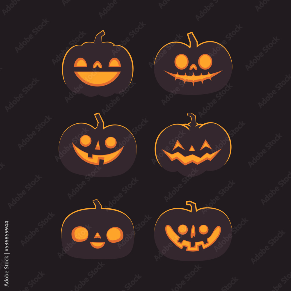 Set of carved halloween pumpkins. Jack o Lantern glowing inside with smile for your design for the holiday. Cute and fun vector illustration. Set of carved halloween pumpkins. Jack o Lantern glowing inside with smile for your design for the holiday. Cute and fun vector illustration.