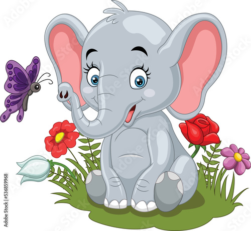 Cartoon baby elephant with butterfly in the grass